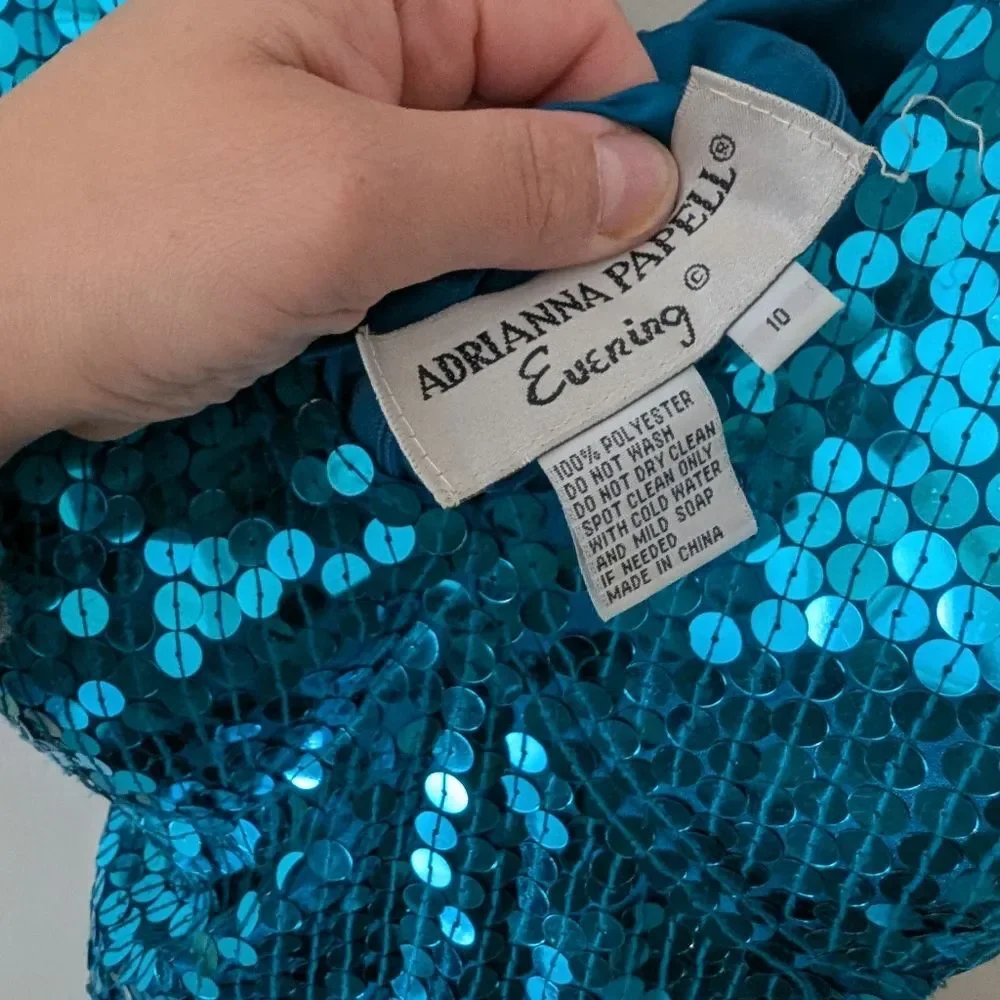 Vintage‎ Adrianna Papell Column Formal Sequin Blue Maxi Dress Gown Size 10 - Picture 9 of 10